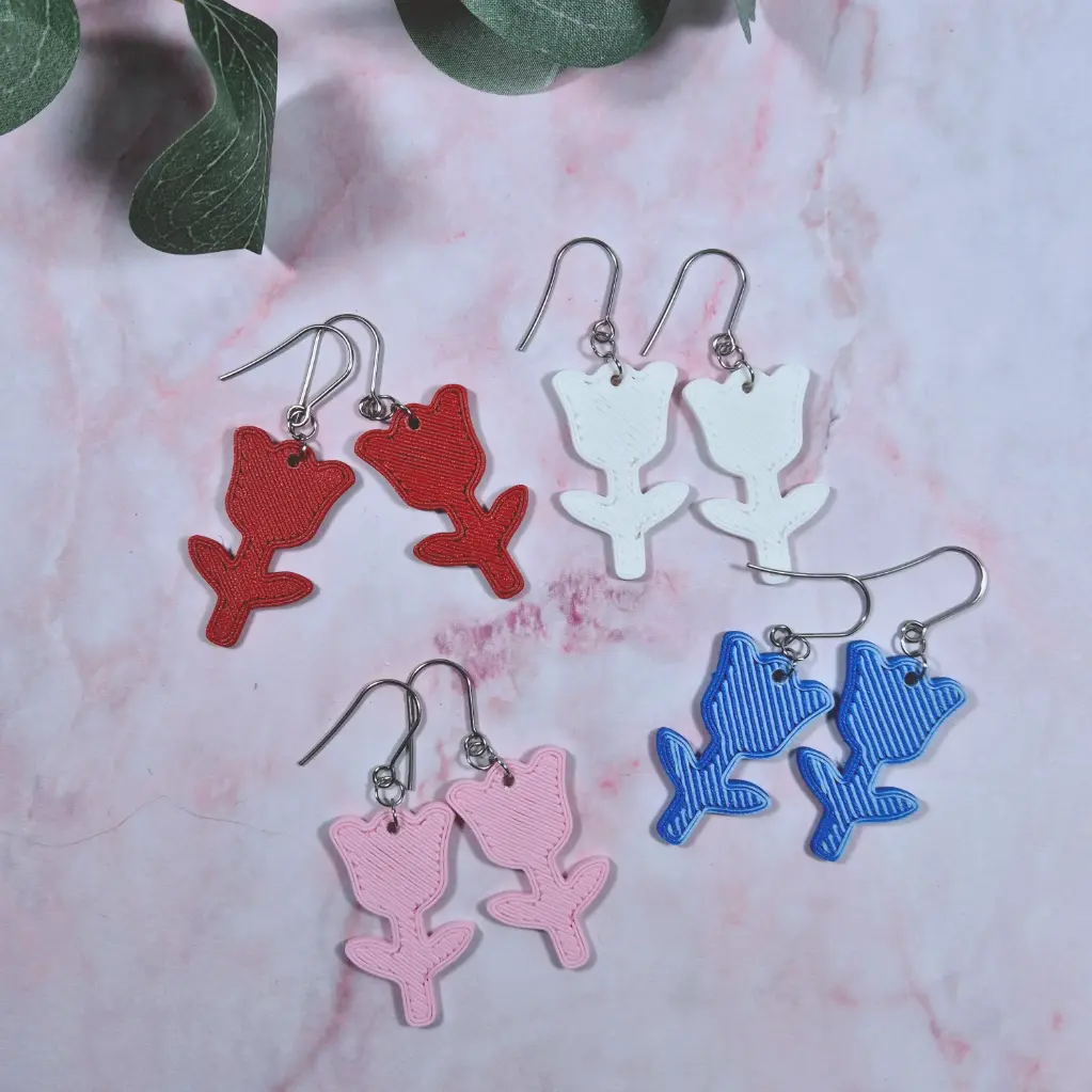 Boucles d'Oreilles Tulipes Imprimées en 3D  (Rouge)