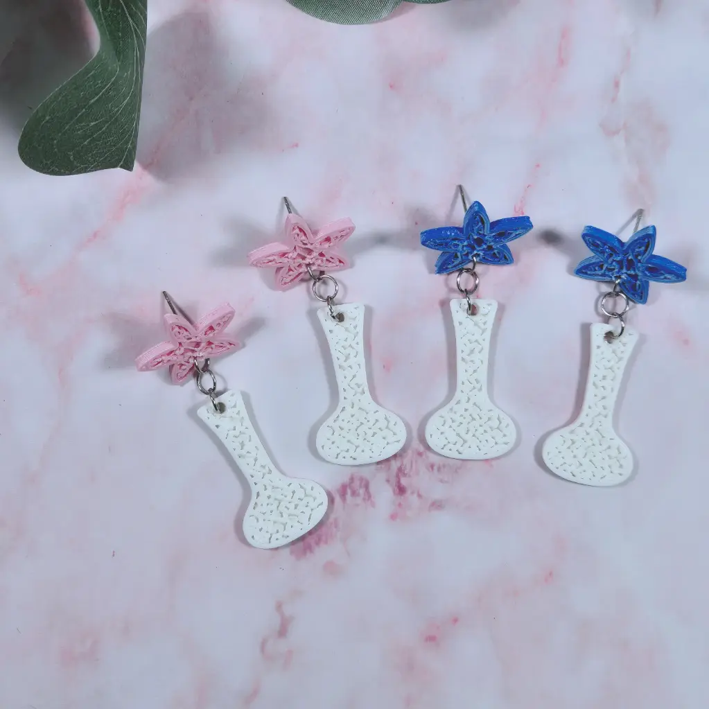 Puces d'Oreilles Vase et Fleur Modèle 1 Imprimées en 3D (Bleu)