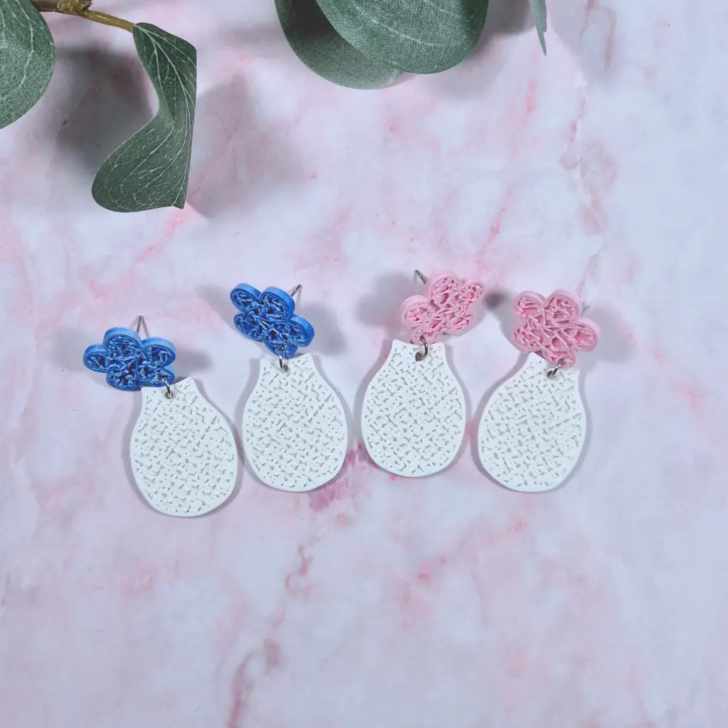 Puces d'Oreilles Vase et Fleur Modèle 3 Imprimées en 3D (Bleu)
