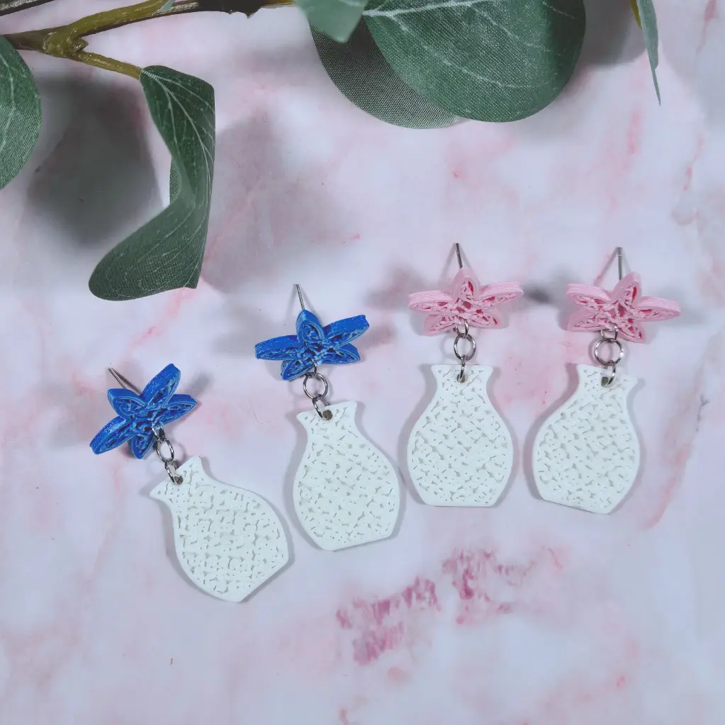Puces d'Oreilles Vase et Fleur Modèle 4 Imprimées en 3D (Bleu)